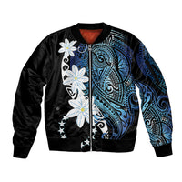 Cook Islands Maori Language Week Sleeve Zip Bomber Jacket Tiare Maori Kuki Airani Blue Pattern LT22 Unisex Blue - Polynesian Pride