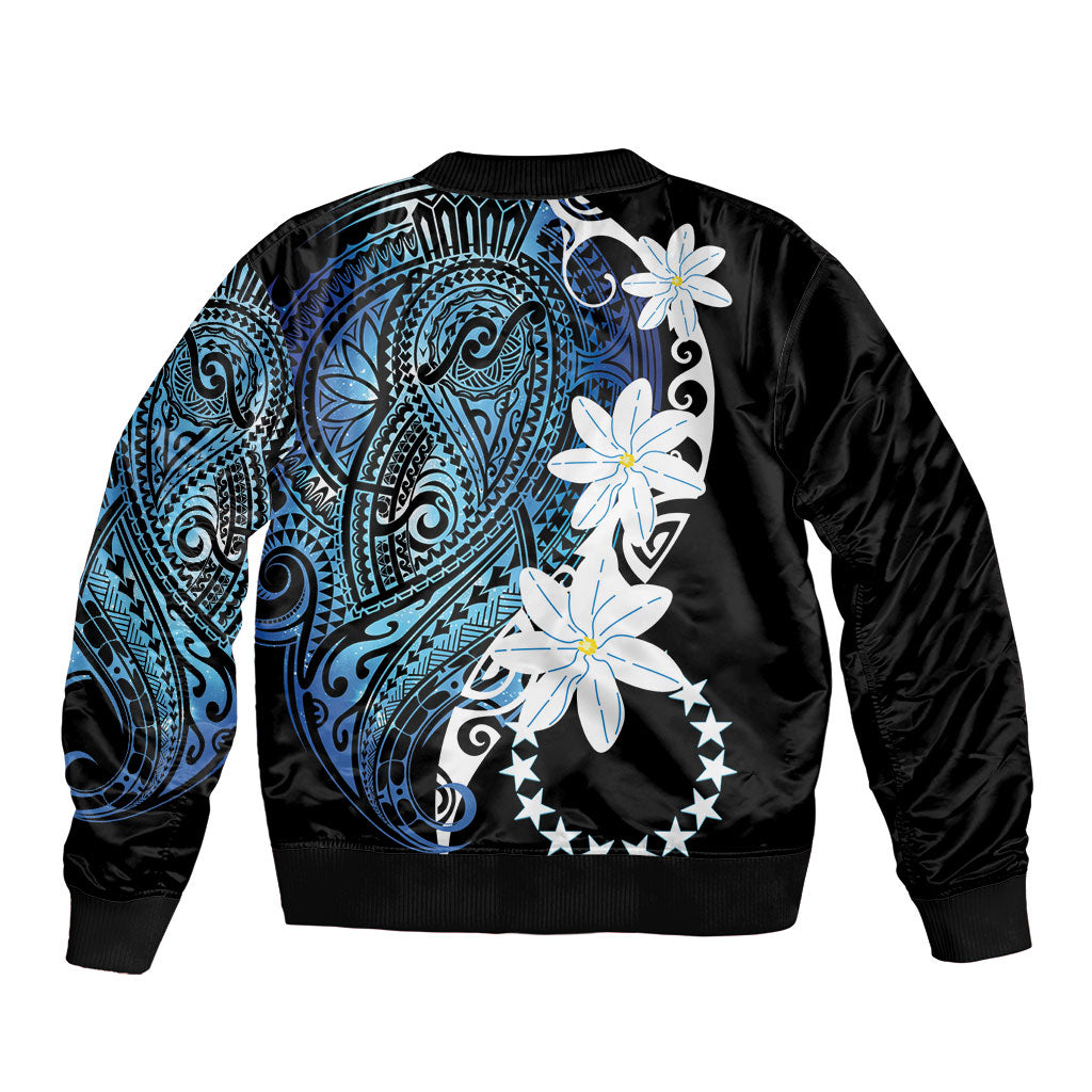 Cook Islands Maori Language Week Sleeve Zip Bomber Jacket Tiare Maori Kuki Airani Blue Pattern LT22 - Polynesian Pride