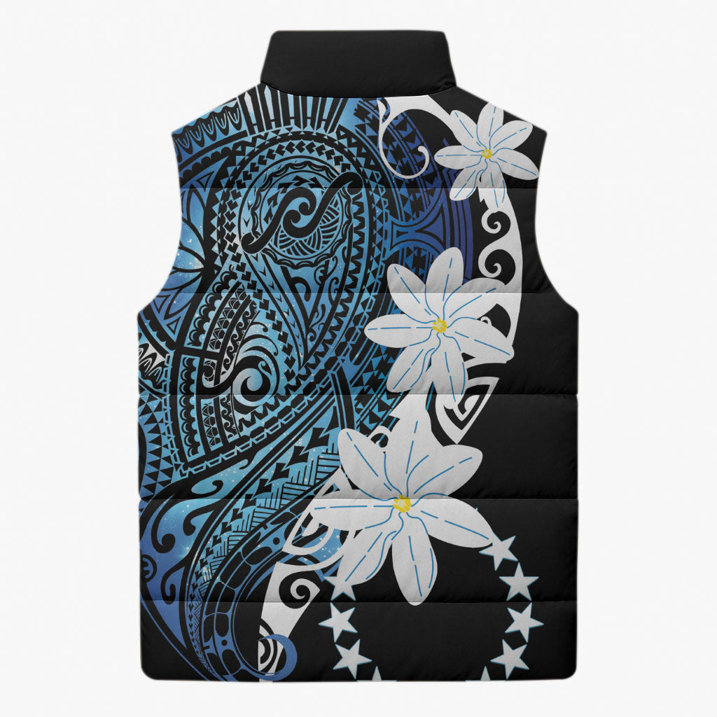 Cook Islands Maori Language Week Sleeveless Puffer Jacket Tiare Maori Kuki Airani Blue Pattern LT22 - Polynesian Pride