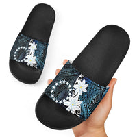 Cook Islands Maori Language Week Slide Sandals Tiare Maori Kuki Airani Blue Pattern LT22 - Polynesian Pride