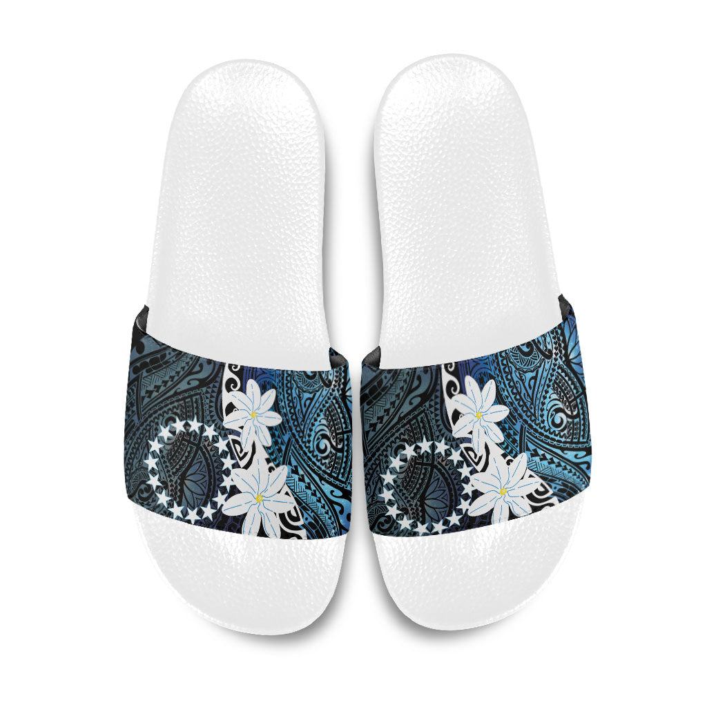 Cook Islands Maori Language Week Slide Sandals Tiare Maori Kuki Airani Blue Pattern LT22 Blue - Polynesian Pride