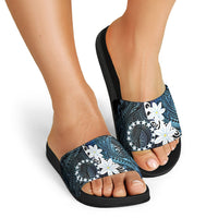 Cook Islands Maori Language Week Slide Sandals Tiare Maori Kuki Airani Blue Pattern LT22 - Polynesian Pride