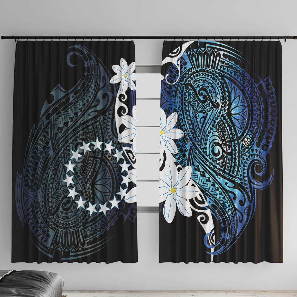 Cook Islands Maori Language Week Window Curtain Tiare Maori Kuki Airani Blue Pattern LT22 With Hooks Blue - Polynesian Pride