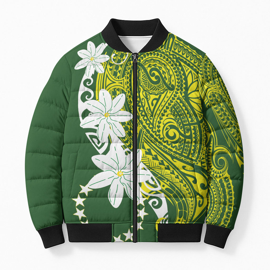 Cook Islands Maori Language Week Bomber Puffer Jacket Tiare Maori Kuki Airani Green Pattern LT22 Unisex Green - Polynesian Pride
