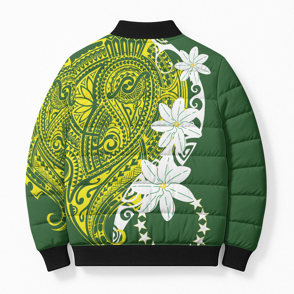 Cook Islands Maori Language Week Bomber Puffer Jacket Tiare Maori Kuki Airani Green Pattern LT22 - Polynesian Pride