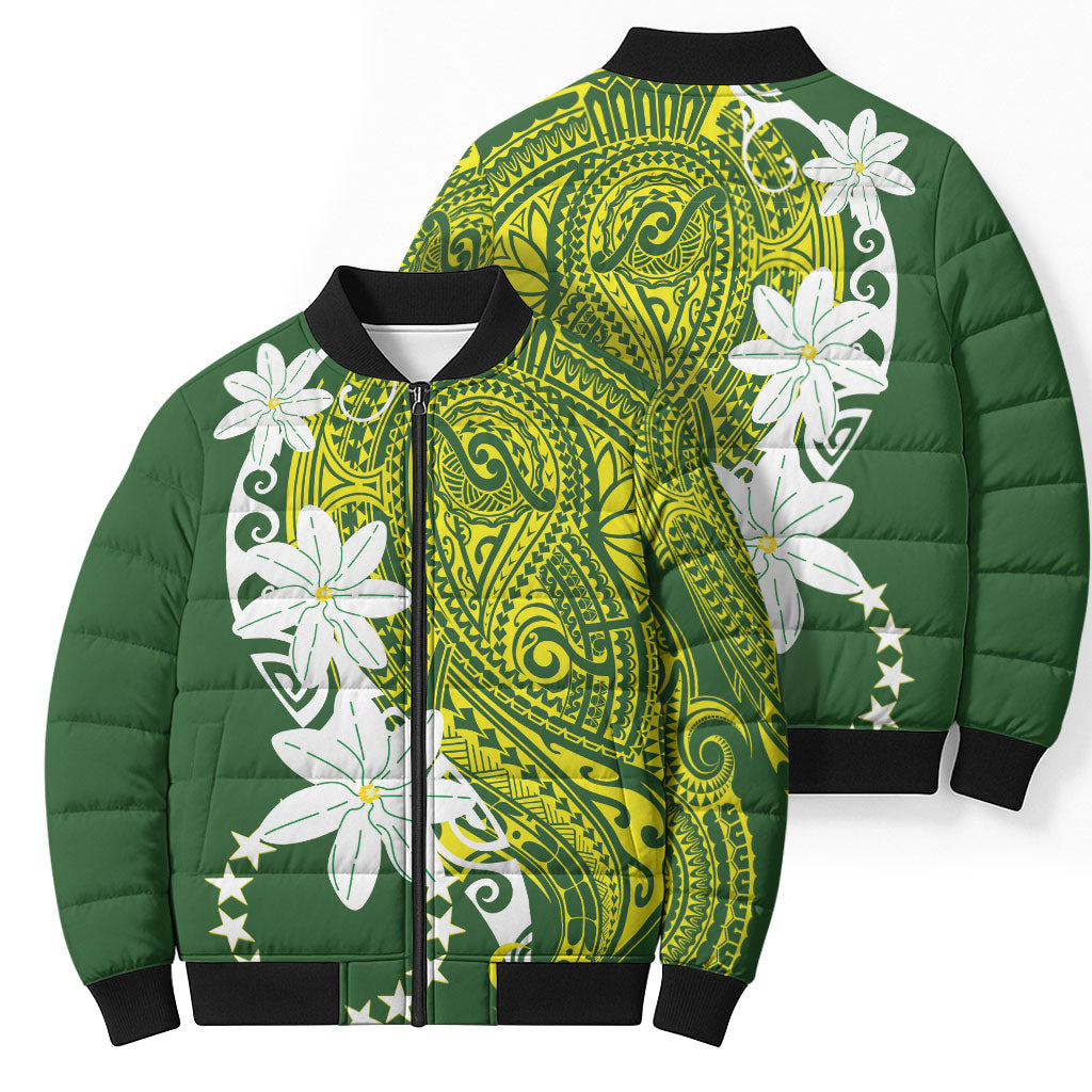 Cook Islands Maori Language Week Bomber Puffer Jacket Tiare Maori Kuki Airani Green Pattern LT22 - Polynesian Pride