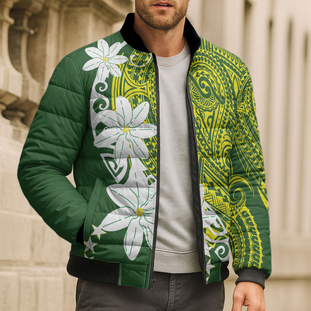 Cook Islands Maori Language Week Bomber Puffer Jacket Tiare Maori Kuki Airani Green Pattern LT22 - Polynesian Pride
