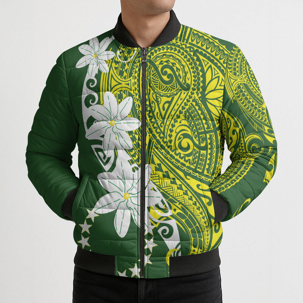 Cook Islands Maori Language Week Bomber Puffer Jacket Tiare Maori Kuki Airani Green Pattern LT22 - Polynesian Pride