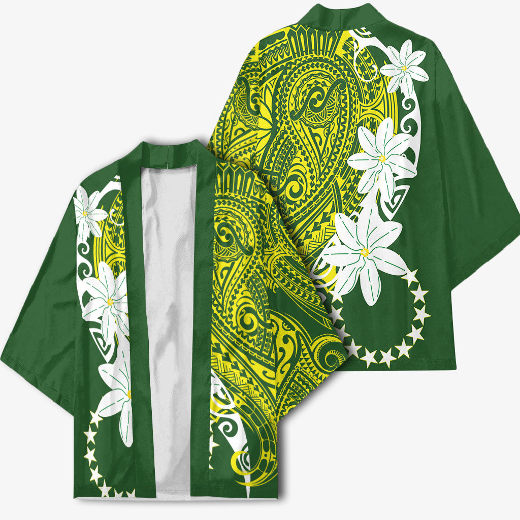 Cook Islands Maori Language Week Kimono Tiare Maori Kuki Airani Green Pattern LT22 - Polynesian Pride