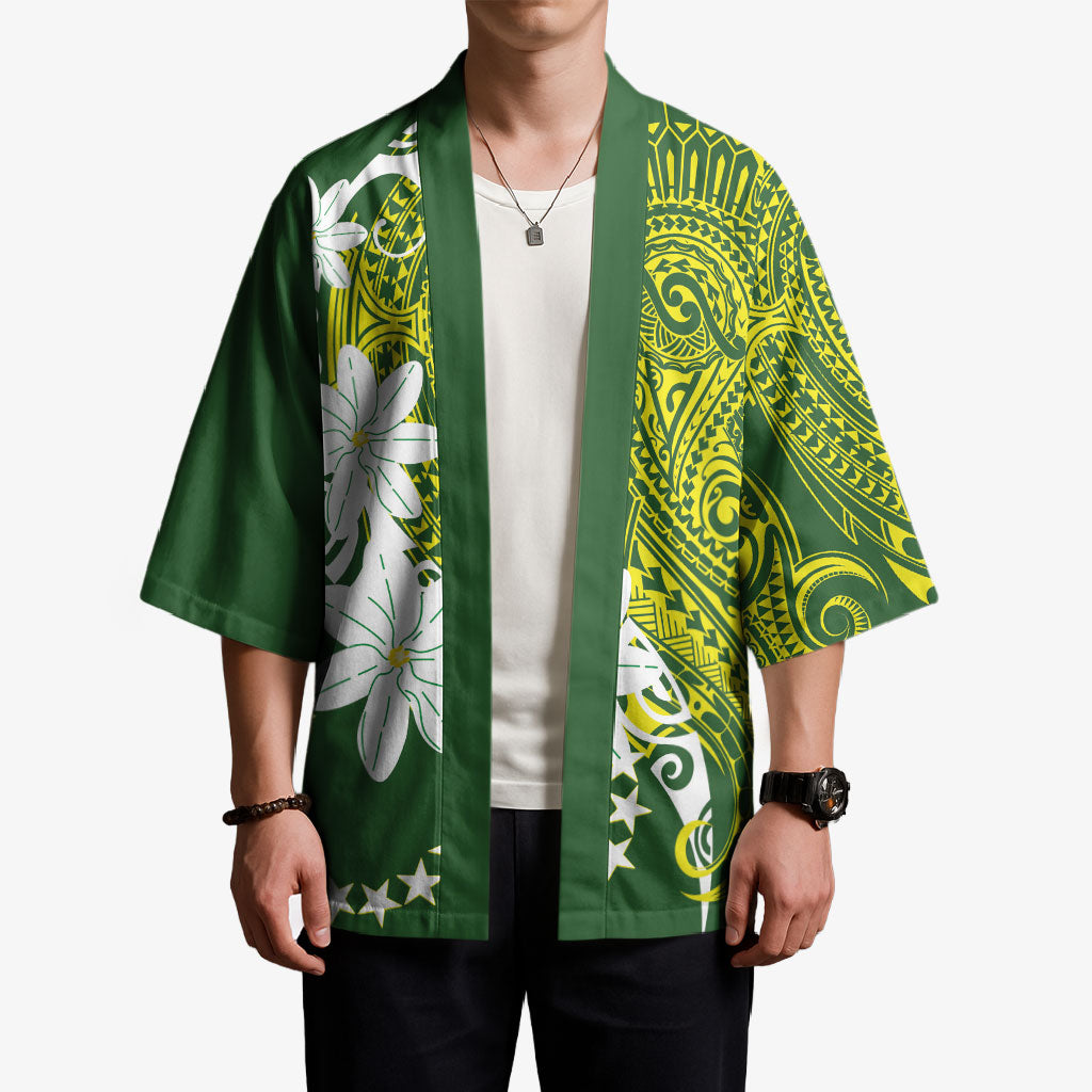 Cook Islands Maori Language Week Kimono Tiare Maori Kuki Airani Green Pattern LT22 - Polynesian Pride