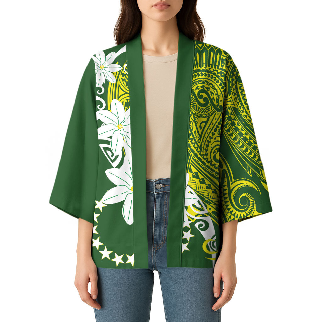 Cook Islands Maori Language Week Kimono Tiare Maori Kuki Airani Green Pattern LT22 - Polynesian Pride