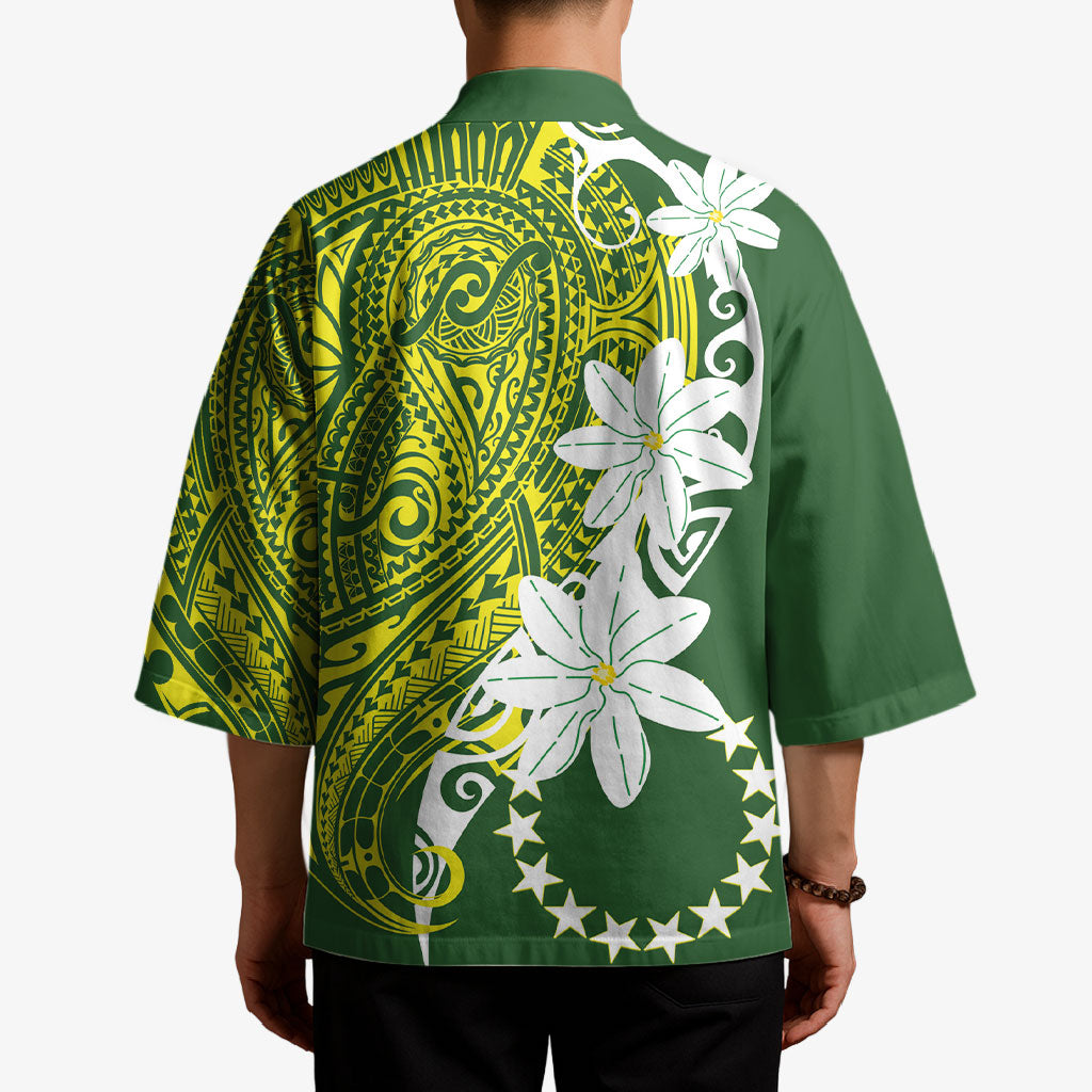 Cook Islands Maori Language Week Kimono Tiare Maori Kuki Airani Green Pattern LT22 - Polynesian Pride