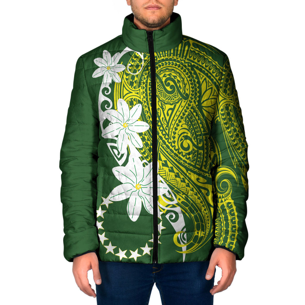 Cook Islands Maori Language Week Padded Jacket Tiare Maori Kuki Airani Green Pattern LT22 Men Green - Polynesian Pride