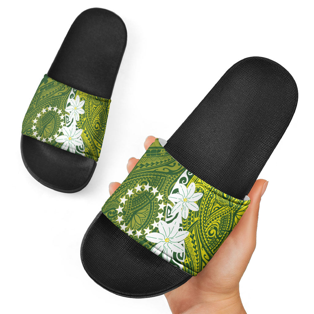 Cook Islands Maori Language Week Slide Sandals Tiare Maori Kuki Airani Green Pattern LT22 - Polynesian Pride