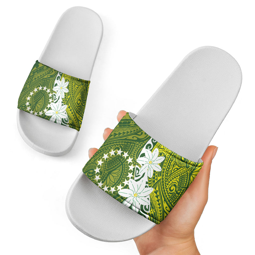 Cook Islands Maori Language Week Slide Sandals Tiare Maori Kuki Airani Green Pattern LT22 - Polynesian Pride