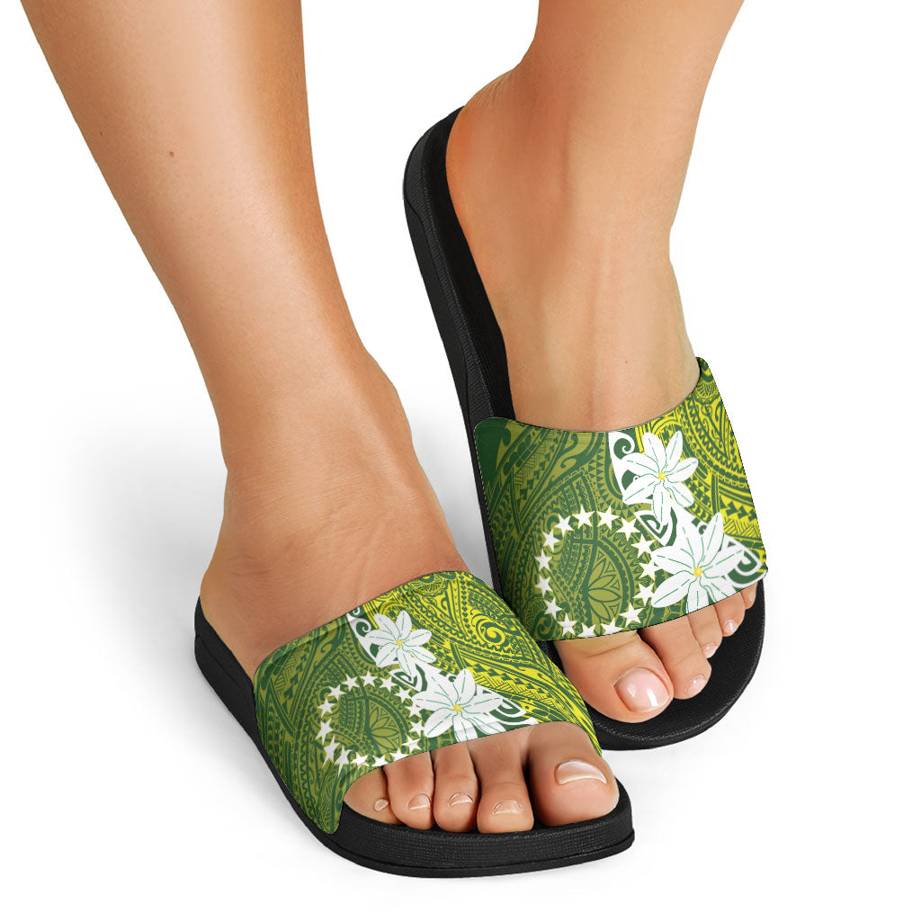 Cook Islands Maori Language Week Slide Sandals Tiare Maori Kuki Airani Green Pattern LT22 - Polynesian Pride