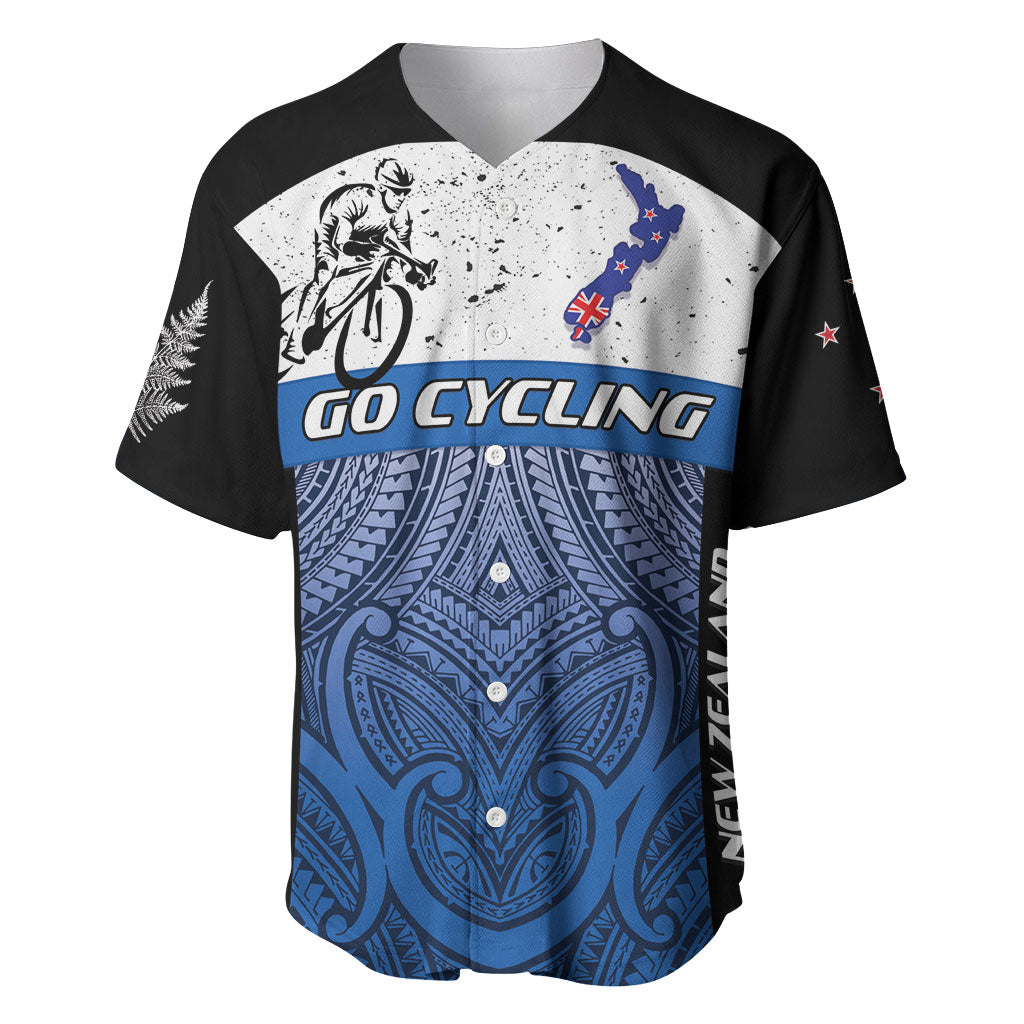 Personalised Cycling New Zealand Baseball Jersey Aotearoa Map Fern Maori Pattern LT22 Blue - Polynesian Pride