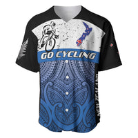 Personalised Cycling New Zealand Baseball Jersey Aotearoa Map Fern Maori Pattern LT22 Blue - Polynesian Pride