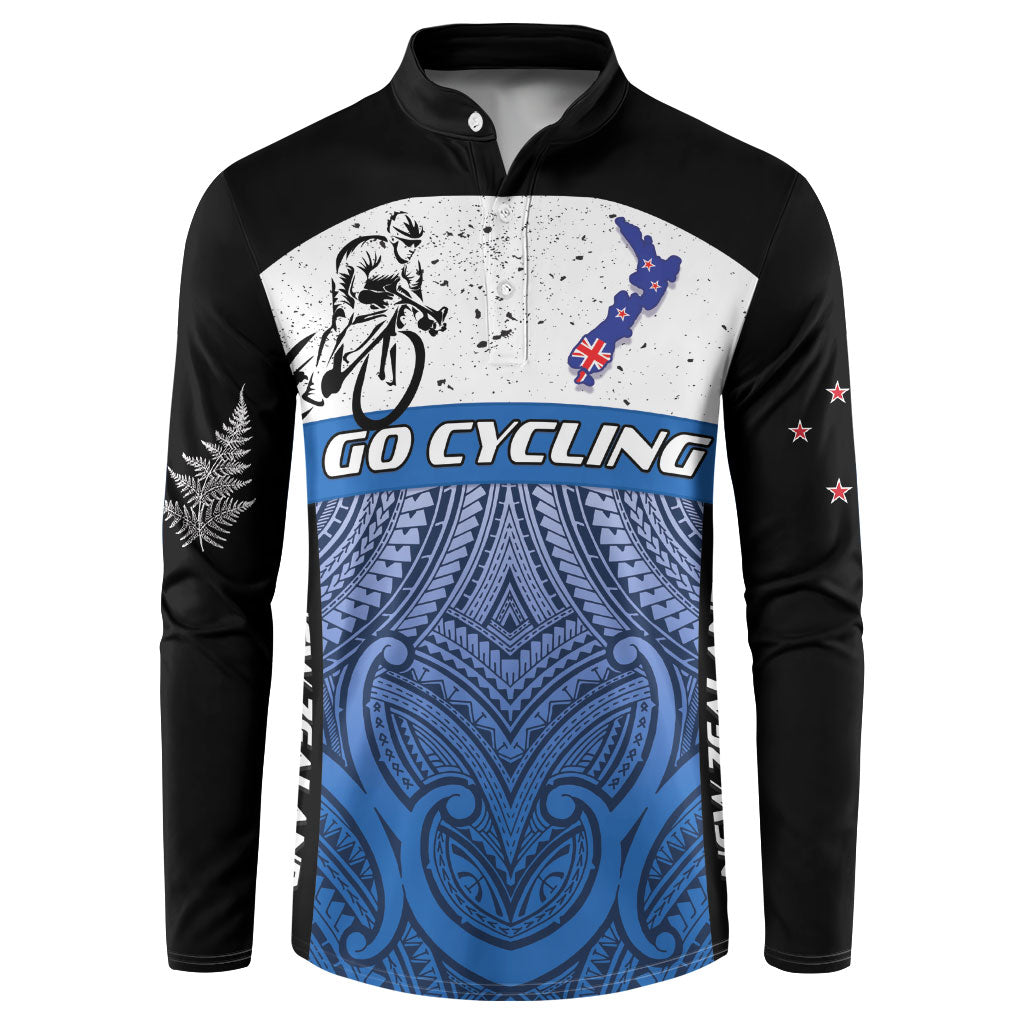 Personalised Cycling New Zealand Button Sweatshirt Aotearoa Map Fern Maori Pattern LT22 Blue - Polynesian Pride