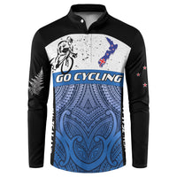 Personalised Cycling New Zealand Button Sweatshirt Aotearoa Map Fern Maori Pattern LT22 Blue - Polynesian Pride