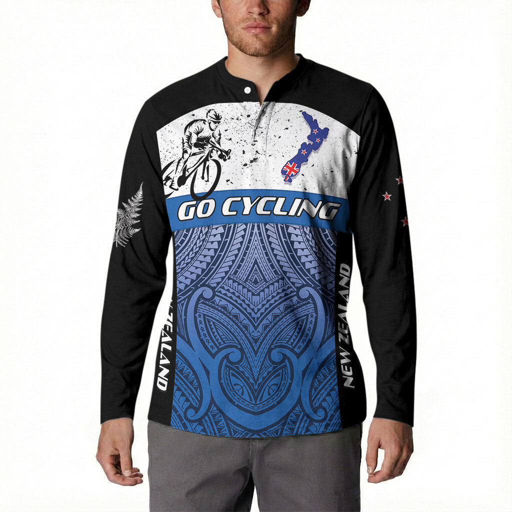 Personalised Cycling New Zealand Button Sweatshirt Aotearoa Map Fern Maori Pattern LT22 - Polynesian Pride
