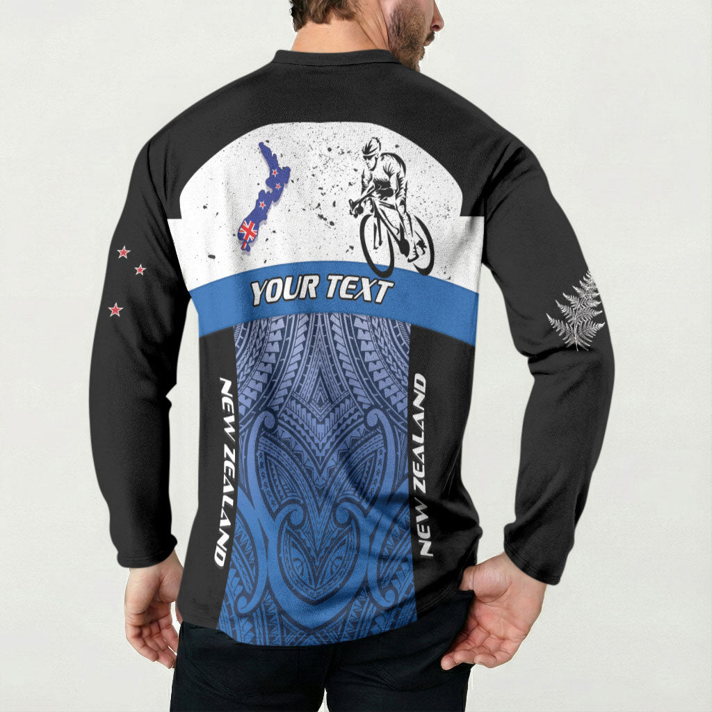 Personalised Cycling New Zealand Button Sweatshirt Aotearoa Map Fern Maori Pattern LT22 - Polynesian Pride