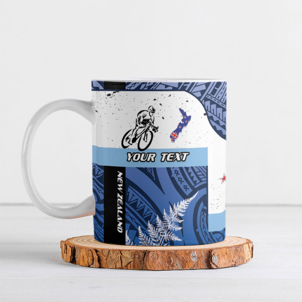 Personalised Cycling New Zealand Ceramic Mug Aotearoa Map Fern Maori Pattern LT22 Blue - Polynesian Pride