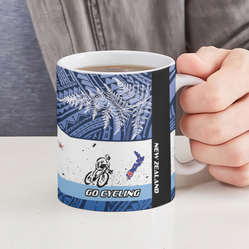 Personalised Cycling New Zealand Ceramic Mug Aotearoa Map Fern Maori Pattern LT22 - Polynesian Pride