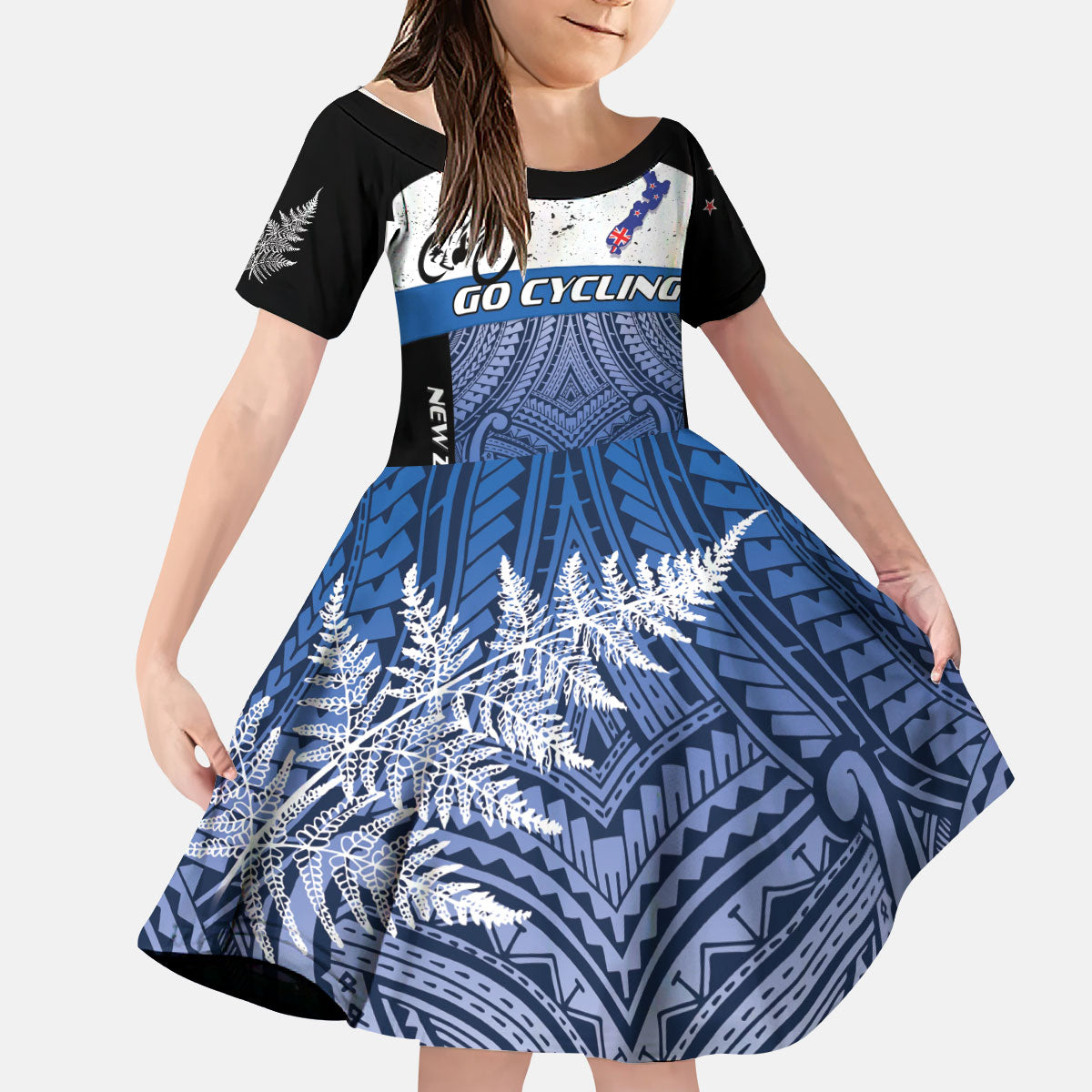 Personalised Cycling New Zealand Kid Short Sleeve Dress Aotearoa Map Fern Maori Pattern LT22 KID Blue - Polynesian Pride