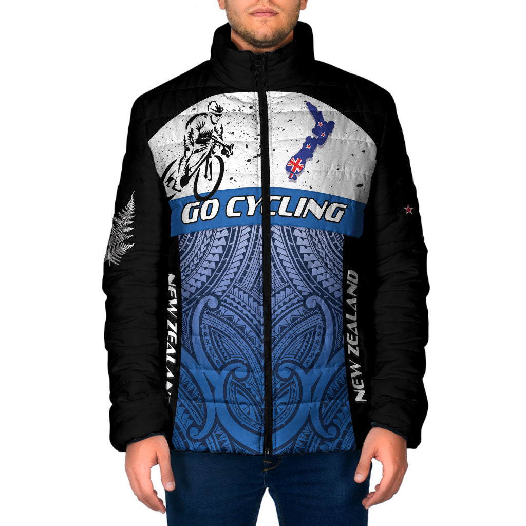 Personalised Cycling New Zealand Padded Jacket Aotearoa Map Fern Maori Pattern LT22 Men Blue - Polynesian Pride