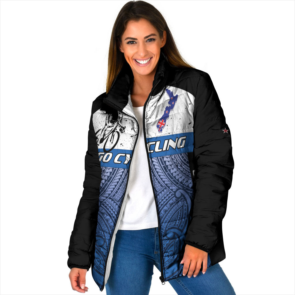 Personalised Cycling New Zealand Padded Jacket Aotearoa Map Fern Maori Pattern LT22 Women Blue - Polynesian Pride