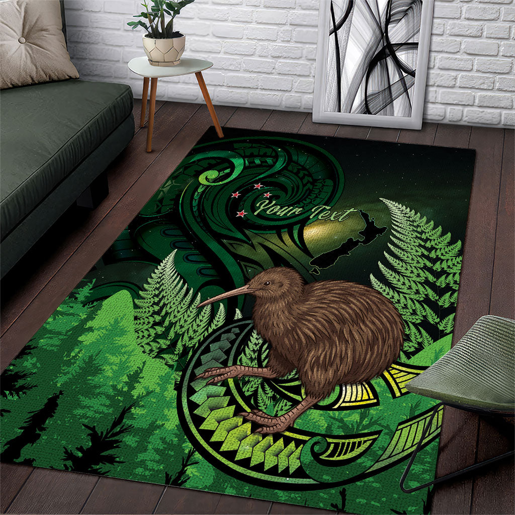 Kiwi New Zealand Personalised Area Rug Aotearoa Map Silver Fern Koru Pattern LT22 Green - Polynesian Pride