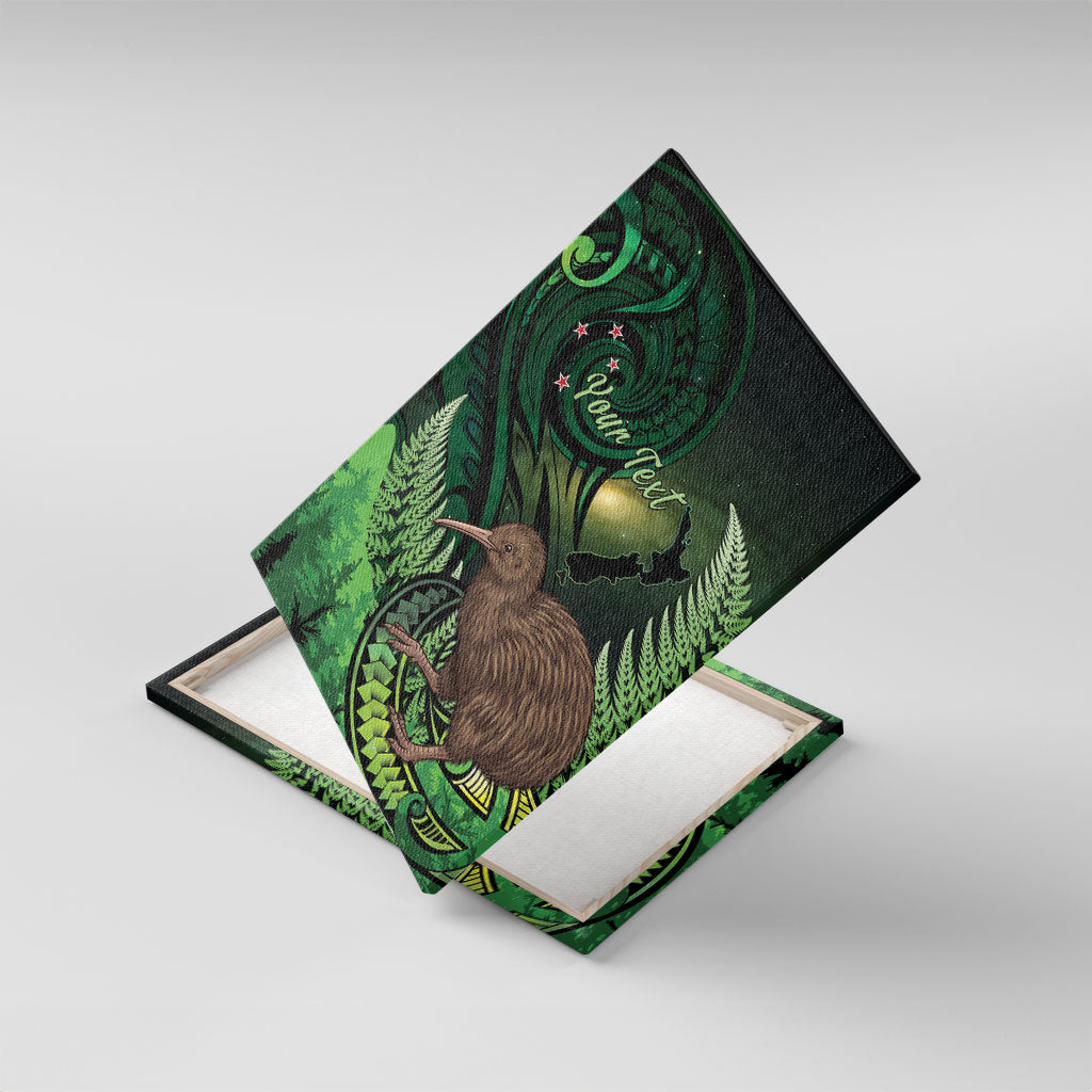 Kiwi New Zealand Personalised Canvas Wall Art Aotearoa Map Silver Fern Koru Pattern LT22 With Frame Green - Polynesian Pride