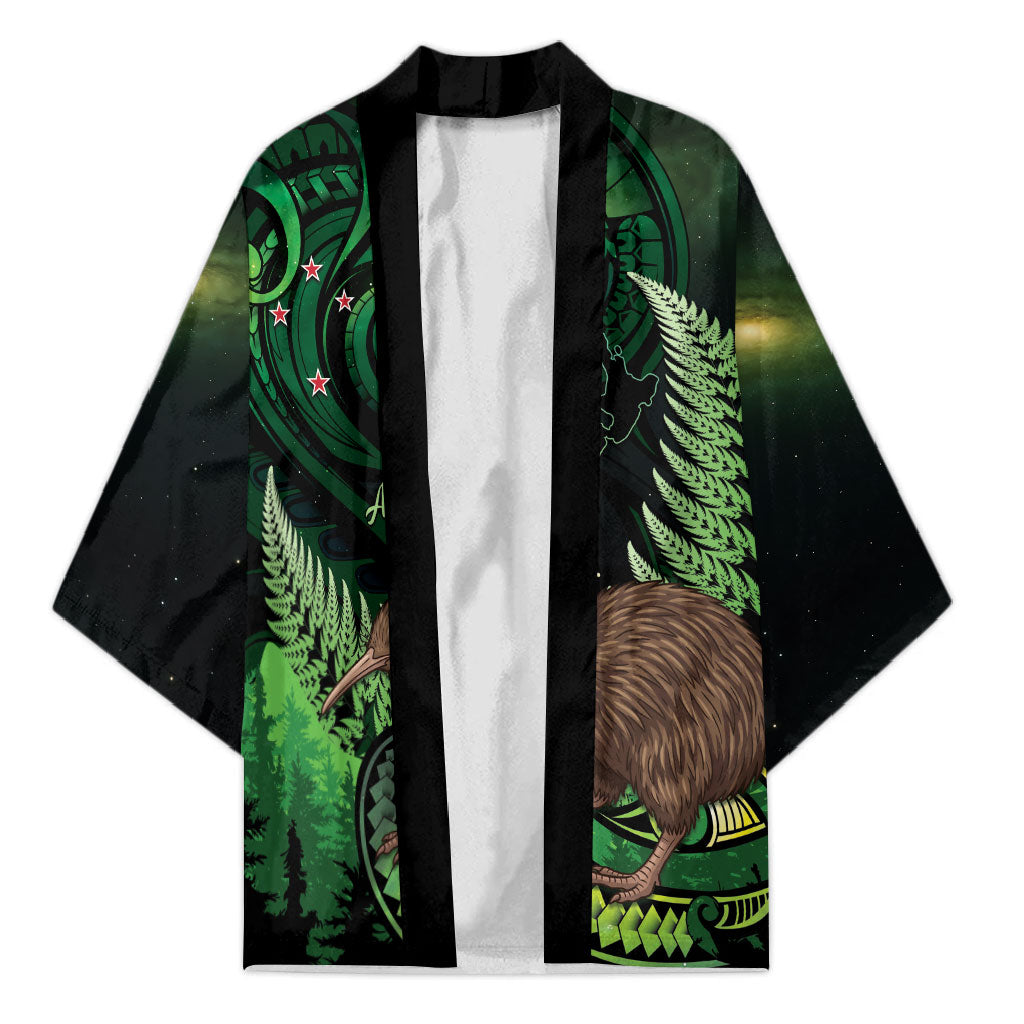 Kiwi New Zealand Personalised Kimono Aotearoa Map Silver Fern Koru Pattern LT22 Unisex Green - Polynesian Pride