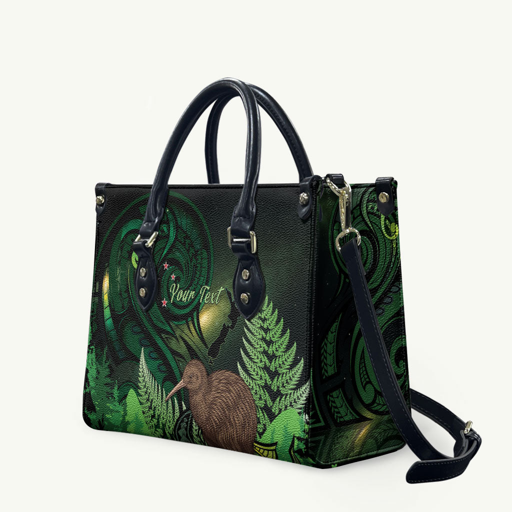 Kiwi New Zealand Personalised Leather Bag Aotearoa Map Silver Fern Koru Pattern LT22 Green - Polynesian Pride