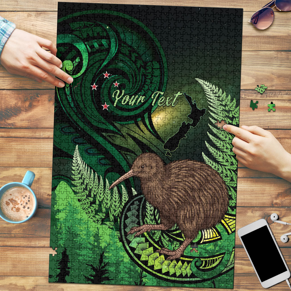 Kiwi New Zealand Personalised Puzzle Aotearoa Map Silver Fern Koru Pattern LT22 Green - Polynesian Pride