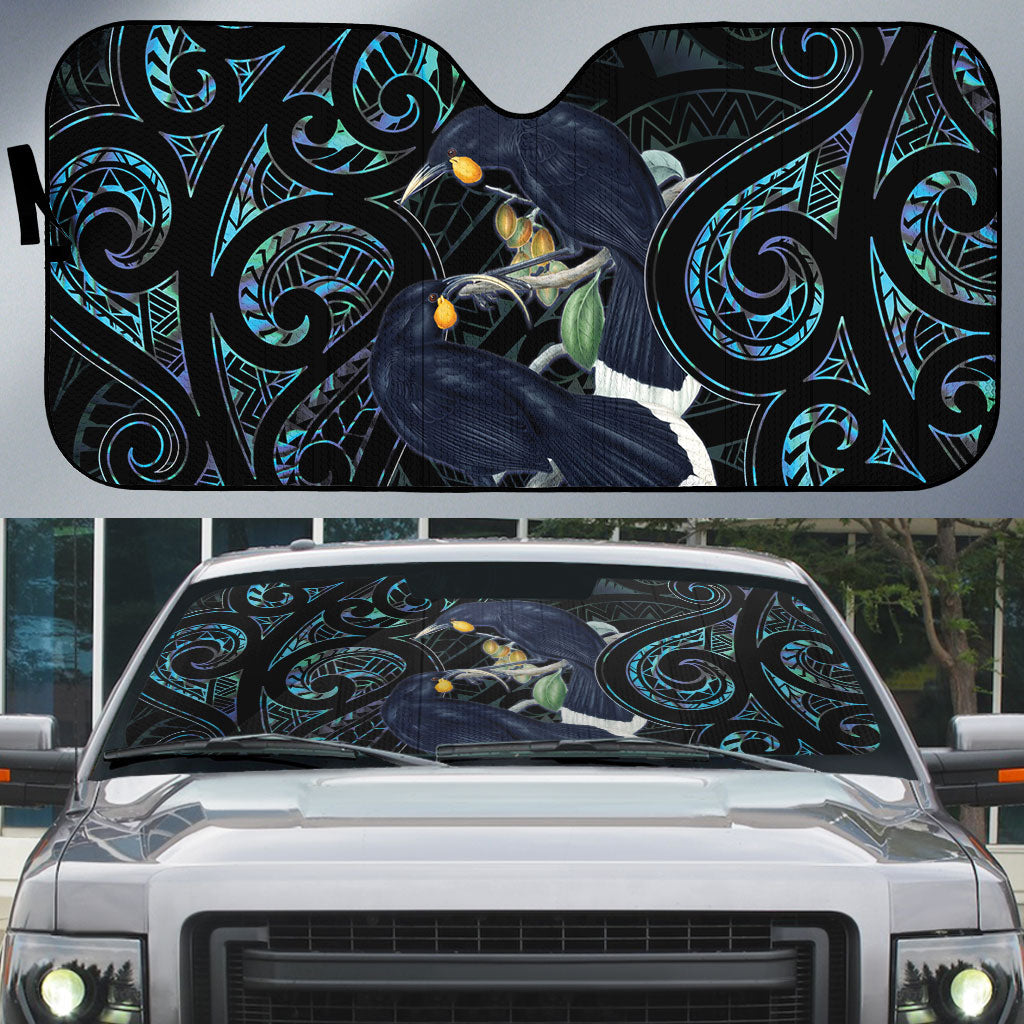 New Zealand Huia Bird Auto Sun Shade Paua Shell Maori Pattern LT22 Black - Polynesian Pride