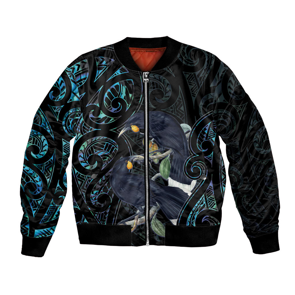 New Zealand Huia Bird Bomber Jacket Paua Shell Maori Pattern LT22 Unisex Black - Polynesian Pride