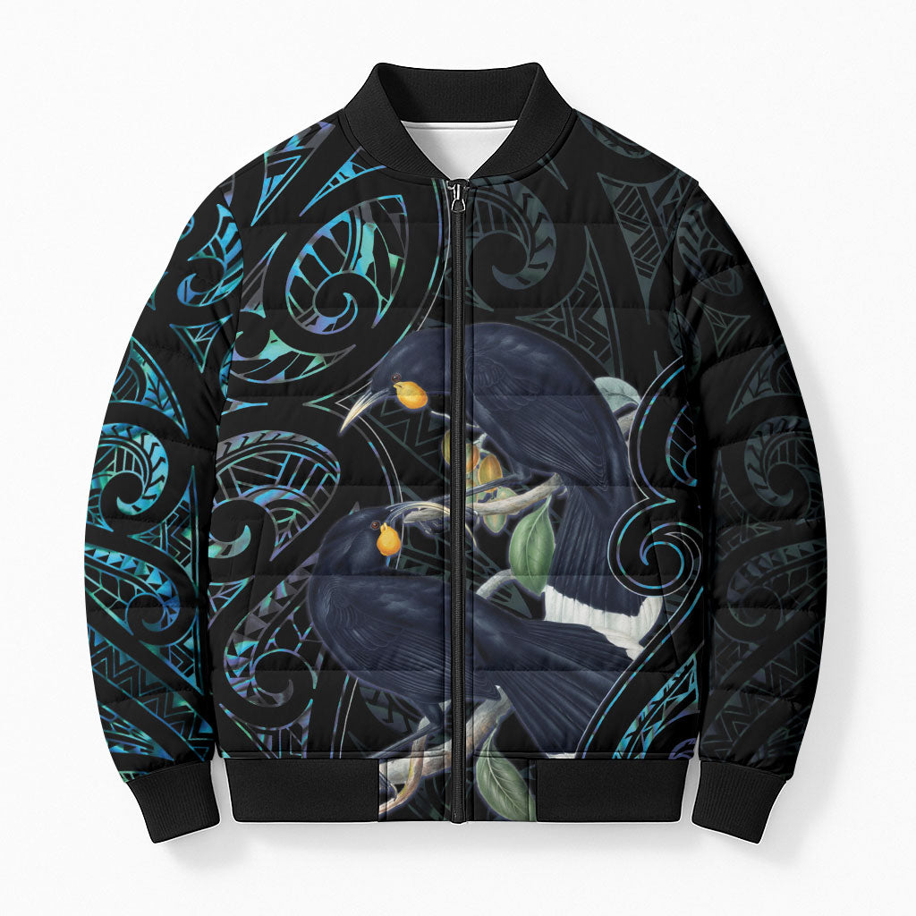 New Zealand Huia Bird Bomber Puffer Jacket Paua Shell Maori Pattern LT22 Unisex Black - Polynesian Pride