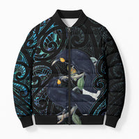 New Zealand Huia Bird Bomber Puffer Jacket Paua Shell Maori Pattern LT22 Unisex Black - Polynesian Pride
