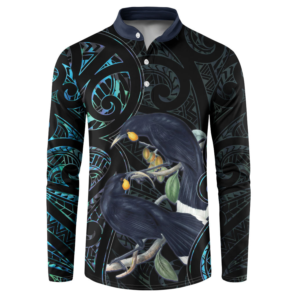 New Zealand Huia Bird Button Sweatshirt Paua Shell Maori Pattern LT22 Black - Polynesian Pride