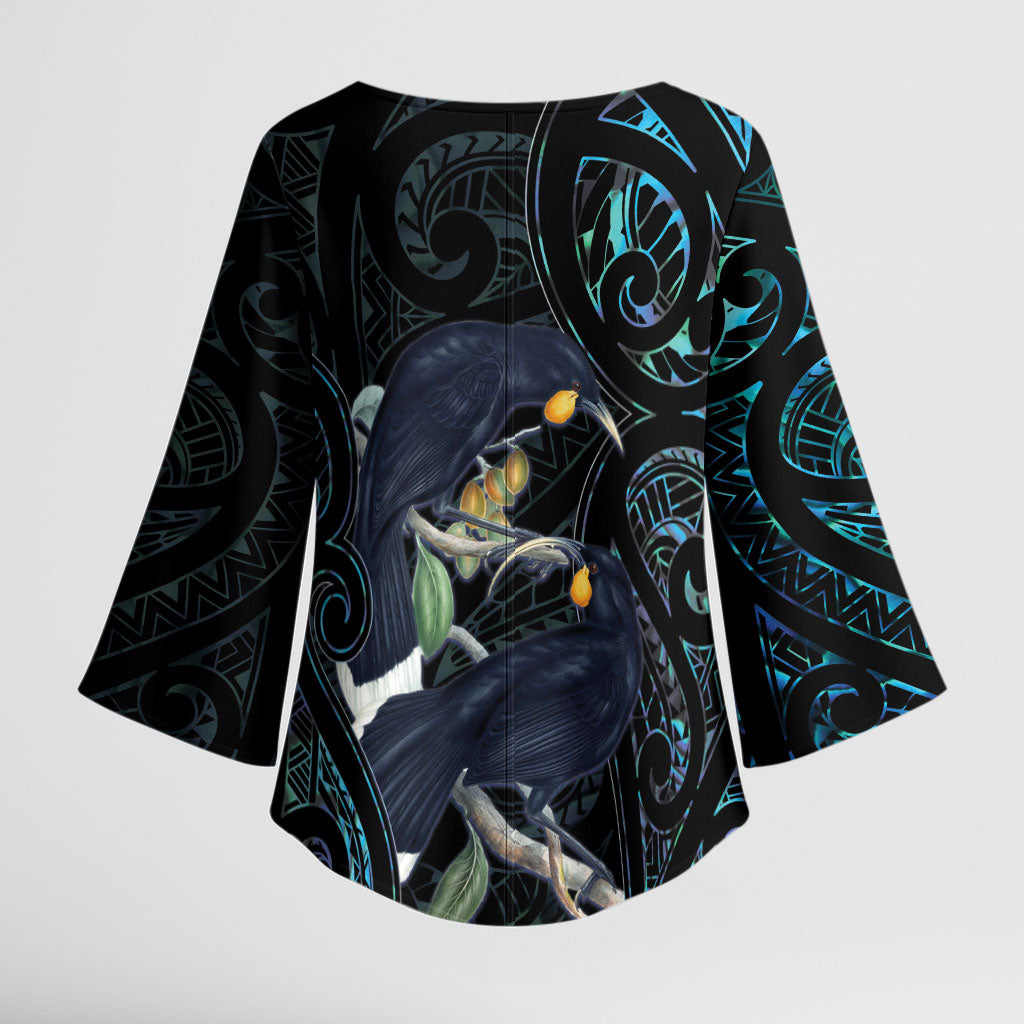 New Zealand Huia Bird Kimono Sleeve Blouse Paua Shell Maori Pattern LT22 - Polynesian Pride