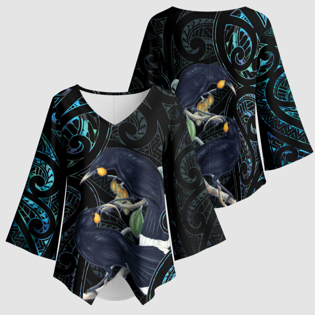 New Zealand Huia Bird Kimono Sleeve Blouse Paua Shell Maori Pattern LT22 - Polynesian Pride