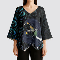 New Zealand Huia Bird Kimono Sleeve Blouse Paua Shell Maori Pattern LT22 - Polynesian Pride