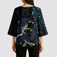 New Zealand Huia Bird Kimono Sleeve Blouse Paua Shell Maori Pattern LT22 - Polynesian Pride