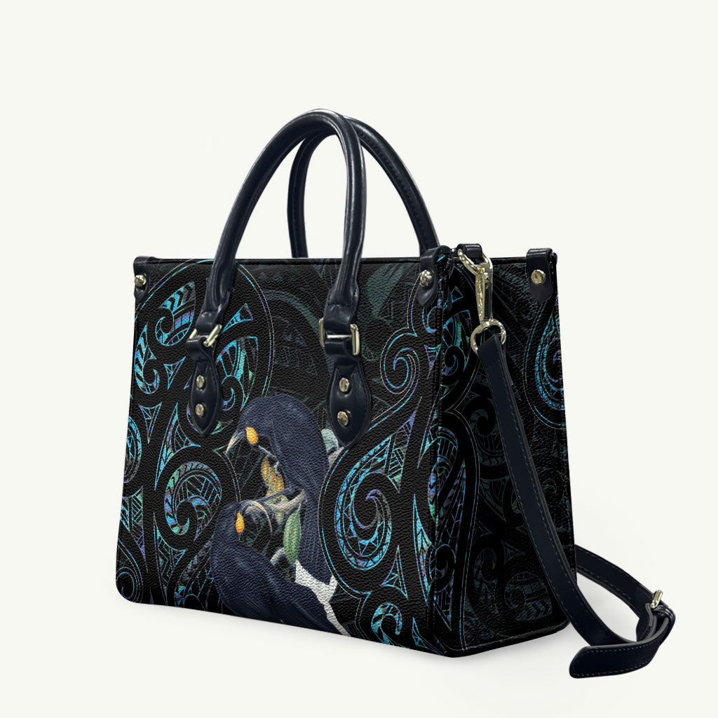 New Zealand Huia Bird Leather Bag Paua Shell Maori Pattern LT22 Black - Polynesian Pride