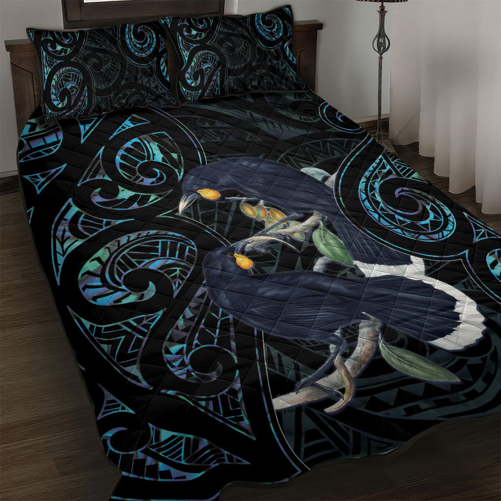 New Zealand Huia Bird Quilt Bed Set Paua Shell Maori Pattern LT22 Black - Polynesian Pride