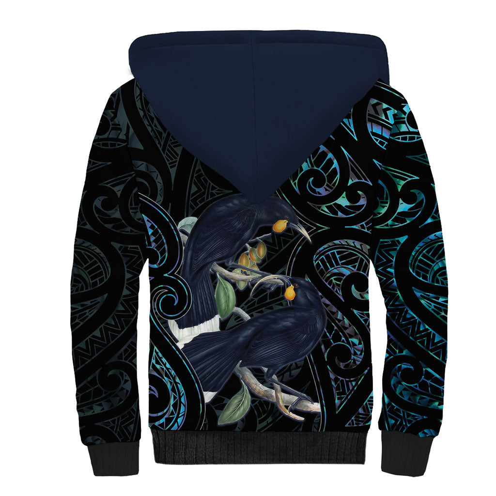 New Zealand Huia Bird Sherpa Hoodie Paua Shell Maori Pattern LT22 - Polynesian Pride
