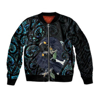 New Zealand Huia Bird Sleeve Zip Bomber Jacket Paua Shell Maori Pattern LT22 Unisex Black - Polynesian Pride