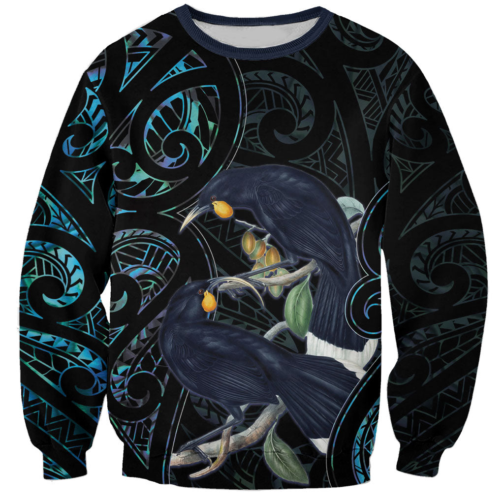 New Zealand Huia Bird Sweatshirt Paua Shell Maori Pattern LT22 Unisex Black - Polynesian Pride